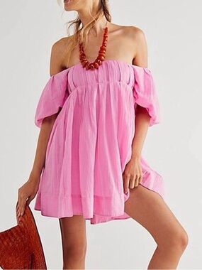 Free People Marina Pink Babydoll Gauzy Puff Sleeve Mini Dress